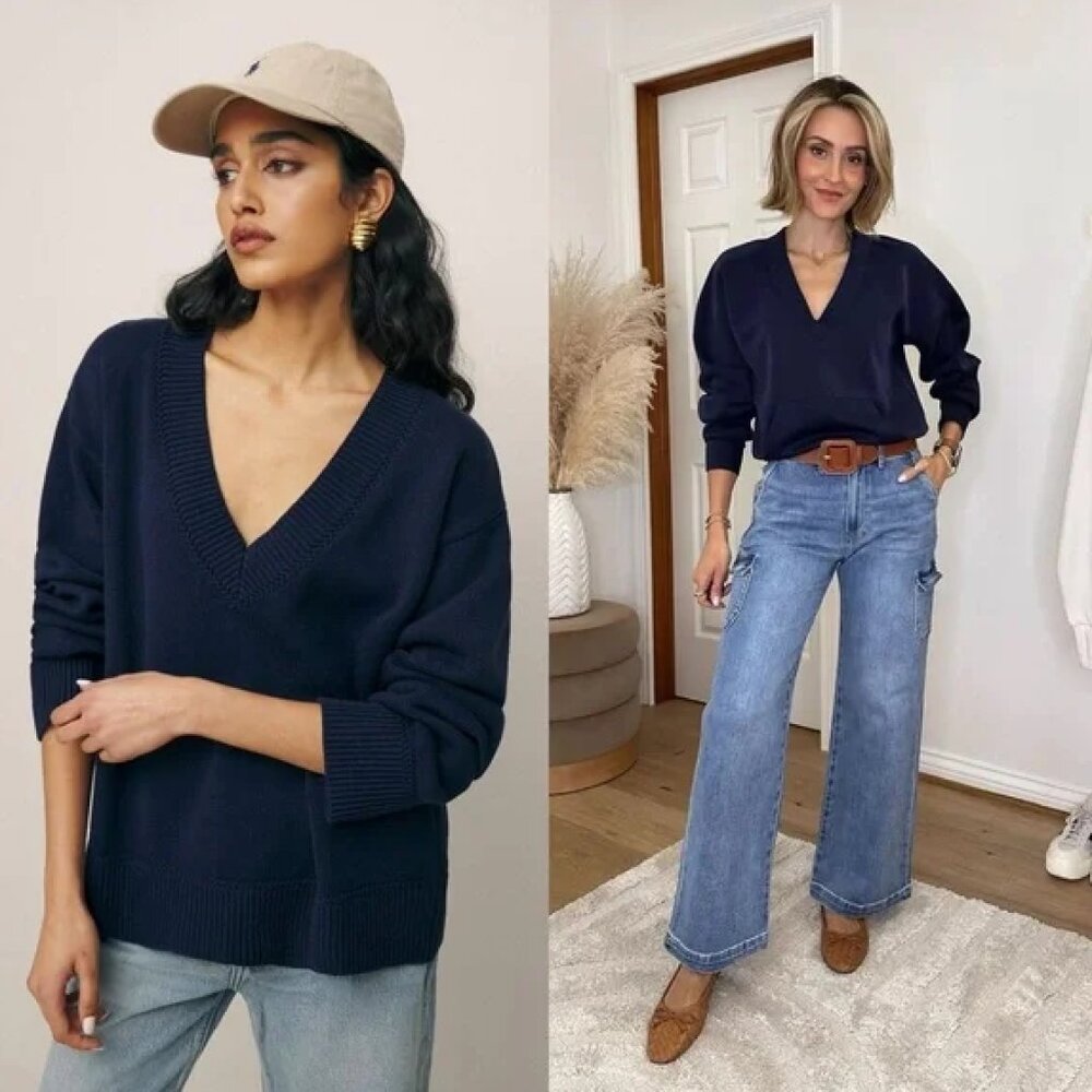 REFORMATION Sienna Navy Cotton V Neck Sweater XS